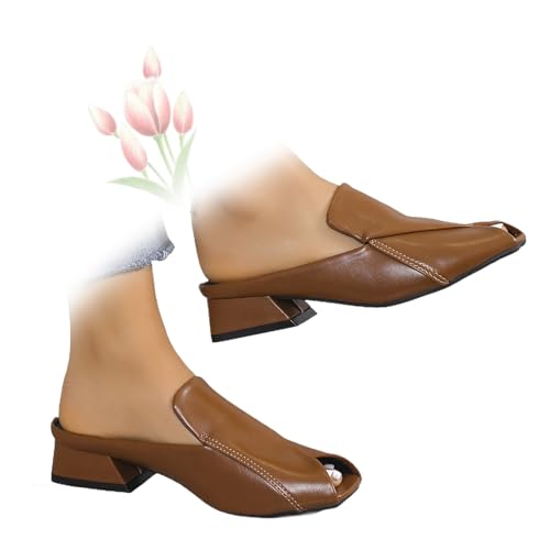 MASHANGGOU Women's Chic & Comfy Solid Color Slip-On Sandals, Versatile Vacation Mules Square Toe Casual Open Toe Low Heel Dressy Slide Sandals (Brown,38EU) von MASHANGGOU