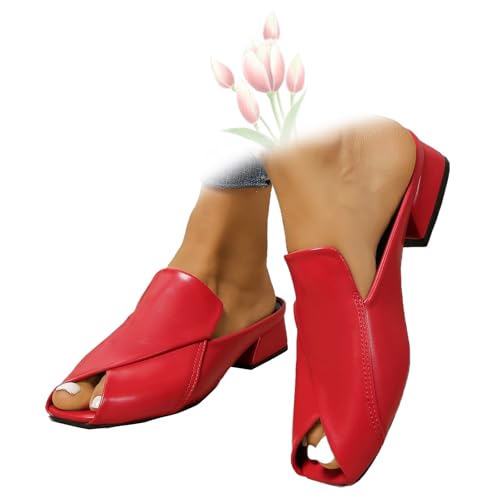 MASHANGGOU Women's Chic & Comfy Solid Color Slip-On Sandals, Versatile Vacation Mules Square Toe Casual Open Toe Low Heel Dressy Slide Sandals (Red,42EU) von MASHANGGOU
