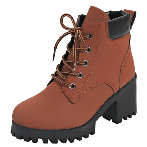 MASHANGGOU Women's Chunky Heel Lace Up Ankle Boots, Fashion Platform High Heel Ankle Boots Casual Round Toe Winter Leather-Look Short Boot (36,Orange) von MASHANGGOU