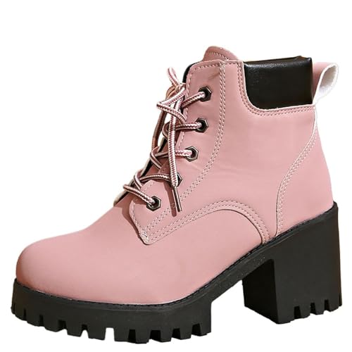 MASHANGGOU Women's Chunky Heel Lace Up Ankle Boots, Fashion Platform High Heel Ankle Boots Casual Round Toe Winter Leather-Look Short Boot (36,Pink) von MASHANGGOU