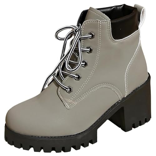 MASHANGGOU Women's Chunky Heel Lace Up Ankle Boots, Fashion Platform High Heel Ankle Boots Casual Round Toe Winter Leather-Look Short Boot (39,Grey) von MASHANGGOU