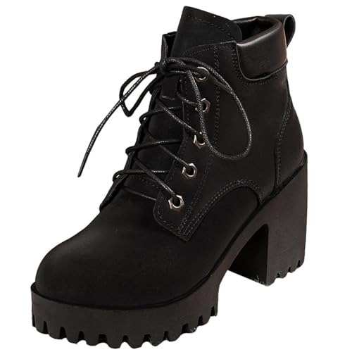 MASHANGGOU Women's Chunky Heel Lace Up Ankle Boots, Fashion Platform High Heel Ankle Boots Casual Round Toe Winter Leather-Look Short Boot (41,Black) von MASHANGGOU