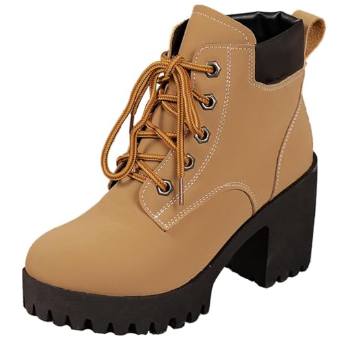 MASHANGGOU Women's Chunky Heel Lace Up Ankle Boots, Fashion Platform High Heel Ankle Boots Casual Round Toe Winter Leather-Look Short Boot (41,Yellow) von MASHANGGOU