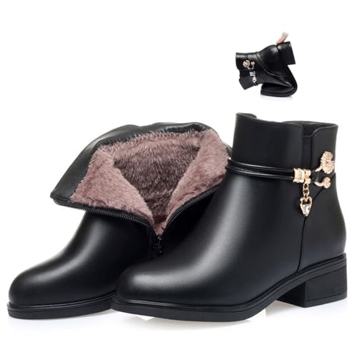MASHANGGOU Women's Leather Wool Orthopedic Boots, Solid Color Winter Platform Waterproof Leather Boots Round Toe Ankle Block Heel Short Boot (Black-Thick Velvet,38EU) von MASHANGGOU