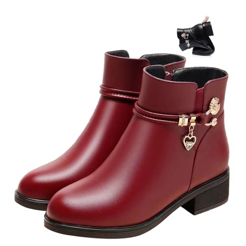 MASHANGGOU Women's Leather Wool Orthopedic Boots, Solid Color Winter Platform Waterproof Leather Boots Round Toe Ankle Block Heel Short Boot (Red,41EU) von MASHANGGOU