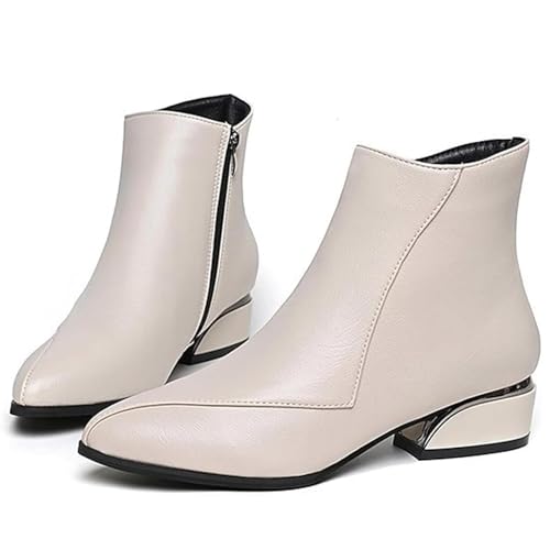 MASHANGGOU Women's Low Heeled Ankle Boots, Ladies Fashion Pointed Toe Side Zipper Boots Fall Winter Waterproof Leather Dressy Short Boots (37EU,Beige) von MASHANGGOU