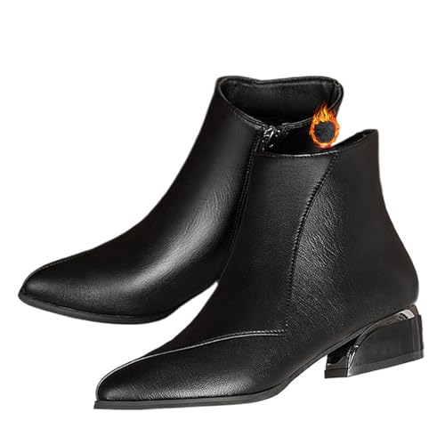 MASHANGGOU Women's Low Heeled Ankle Boots, Ladies Fashion Pointed Toe Side Zipper Boots Fall Winter Waterproof Leather Dressy Short Boots (37EU,Black-Thin Plush) von MASHANGGOU