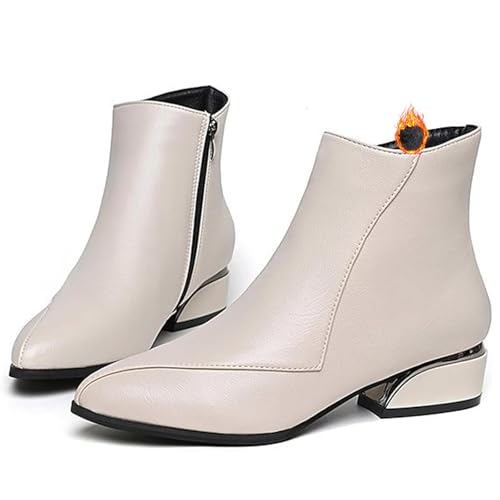 MASHANGGOU Women's Low Heeled Ankle Boots, Ladies Fashion Pointed Toe Side Zipper Boots Fall Winter Waterproof Leather Dressy Short Boots (39EU,Beige-Thin Plush) von MASHANGGOU