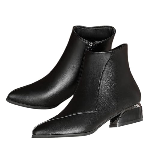 MASHANGGOU Women's Low Heeled Ankle Boots, Ladies Fashion Pointed Toe Side Zipper Boots Fall Winter Waterproof Leather Dressy Short Boots (40EU,Black) von MASHANGGOU