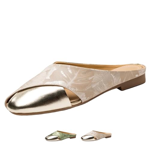 MASHANGGOU Women's Satin Bright Leather Patchwork Hollow Mules Retro Elegant Square Toe Slip On Slippers Summer Comfortable Breathable Sandals (Apricot,35EU) von MASHANGGOU