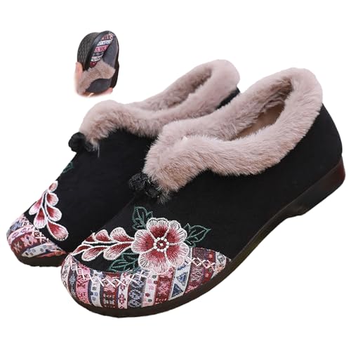 MASHANGGOU Women's Soft-Soled Non-Slip Warm Cotton Boots, Floral Embroidered Slip-On Winter Boots Warm Plush Lined Indoor Outdoor Cozy Booties (Black,39) von MASHANGGOU