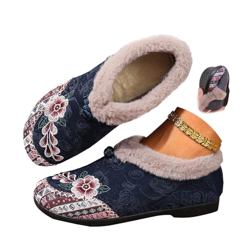 MASHANGGOU Women's Soft-Soled Non-Slip Warm Cotton Boots, Floral Embroidered Slip-On Winter Boots Warm Plush Lined Indoor Outdoor Cozy Booties (Blue,41) von MASHANGGOU