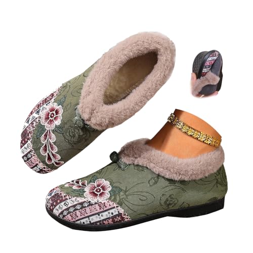 MASHANGGOU Women's Soft-Soled Non-Slip Warm Cotton Boots, Floral Embroidered Slip-On Winter Boots Warm Plush Lined Indoor Outdoor Cozy Booties (Green,37) von MASHANGGOU
