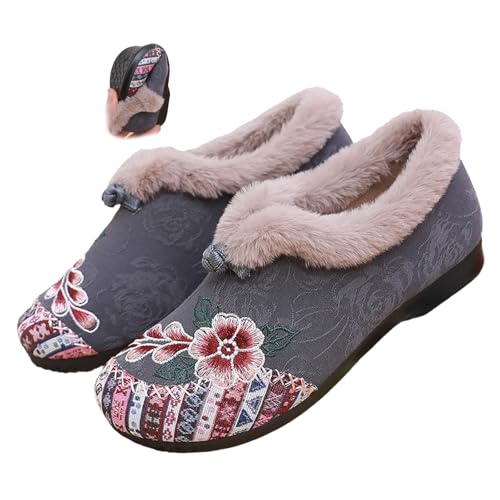 MASHANGGOU Women's Soft-Soled Non-Slip Warm Cotton Boots, Floral Embroidered Slip-On Winter Boots Warm Plush Lined Indoor Outdoor Cozy Booties (Grey,40) von MASHANGGOU