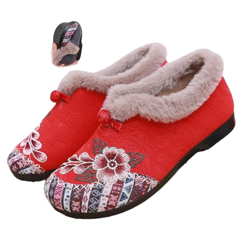 MASHANGGOU Women's Soft-Soled Non-Slip Warm Cotton Boots, Floral Embroidered Slip-On Winter Boots Warm Plush Lined Indoor Outdoor Cozy Booties (Red,41) von MASHANGGOU