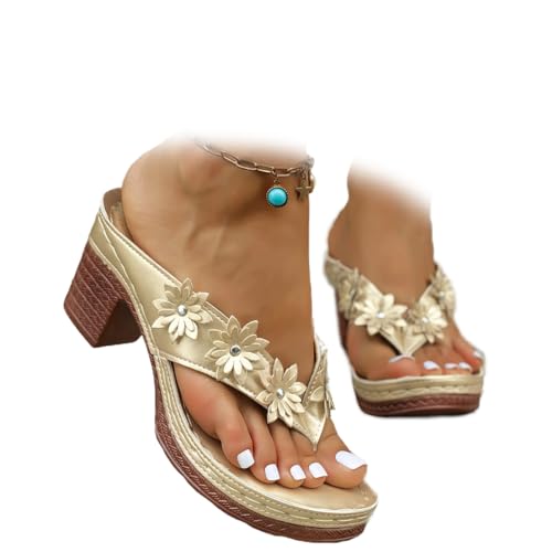 MASHANGGOU Women's Solid Color Summer Chunky Heel Sandals, Casual Mid Heels Flip Flops Slip on Open Toe Square Toe Comfortable Heeled Sandals (Gold-Flowers,41) von MASHANGGOU