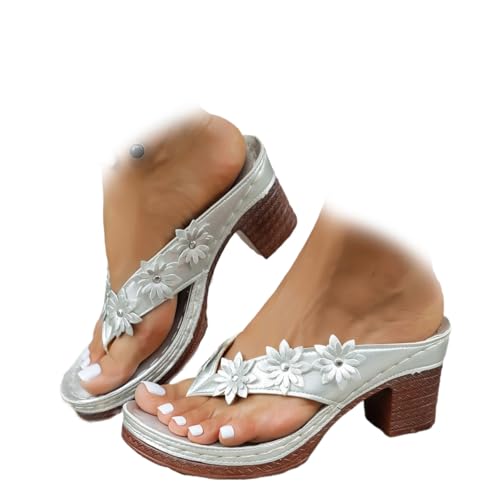 MASHANGGOU Women's Solid Color Summer Chunky Heel Sandals, Casual Mid Heels Flip Flops Slip on Open Toe Square Toe Comfortable Heeled Sandals (Silver-Flowers,38) von MASHANGGOU