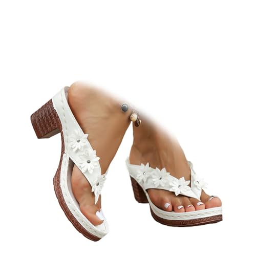 MASHANGGOU Women's Solid Color Summer Chunky Heel Sandals, Casual Mid Heels Flip Flops Slip on Open Toe Square Toe Comfortable Heeled Sandals (White-Flowers,38) von MASHANGGOU