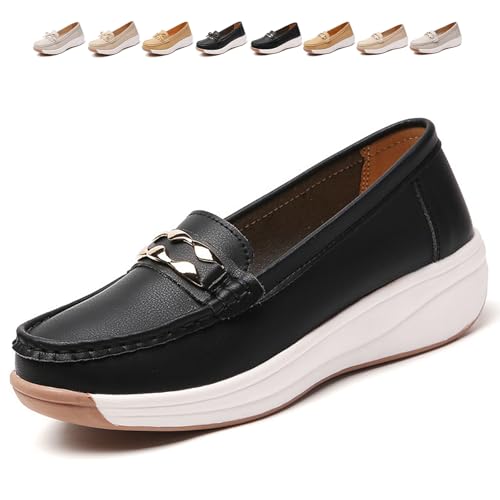 Women Orthopedic Platform Loafers, Orthopedic Walking Shoes for Women Platform Wedge Slip-On Loafers Classic Moccasins Work Office (Black a,37) von MASHANGGOU