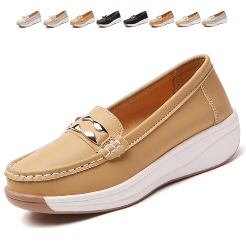 Women Orthopedic Platform Loafers, Orthopedic Walking Shoes for Women Platform Wedge Slip-On Loafers Classic Moccasins Work Office (Khaki a,42) von MASHANGGOU