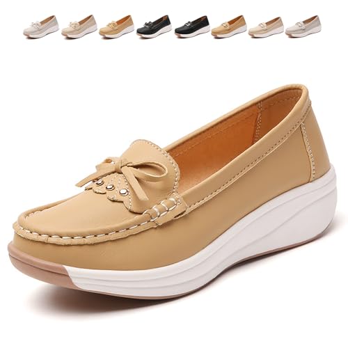 Women Orthopedic Platform Loafers, Orthopedic Walking Shoes for Women Platform Wedge Slip-On Loafers Classic Moccasins Work Office (Khaki b,37) von MASHANGGOU