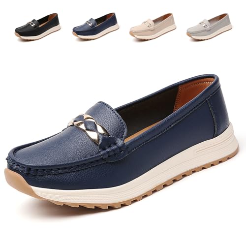 Women Orthopedic Platform Loafers with Chain Leather Loafers Classic Moccasins Slip-On Casual Walking Driving Nursing Shoes (Blue,41EU) von MASHANGGOU
