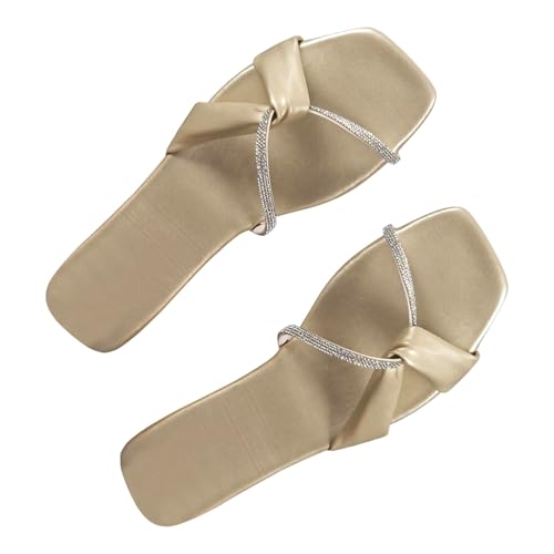 MASHANGGOU Women Rhinestone Sliders Sandals Flat Cross Strap Slider Ladies Sparkly Diamante Slipper Slides Cushion Slippers Sandal (Gold,40EU) von MASHANGGOU