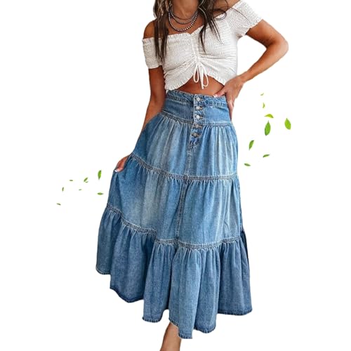Women Ruffle Denim Long Skirt, Button Boho Flowy Pleated Tiered Maxi Skirt Tiered Ruffle Swing A-Line Jean Long Skirts (L,Blue) von MASHANGGOU