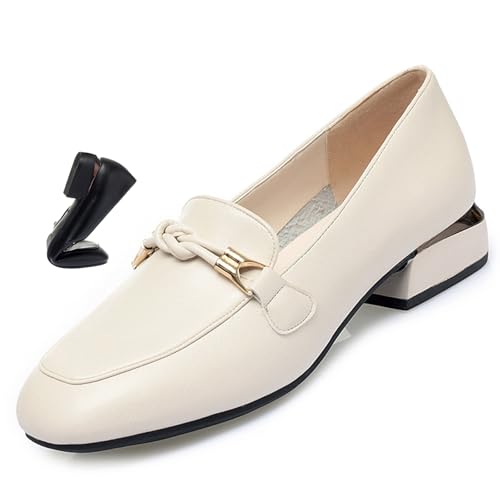 Women's Chic & Comfy Solid Color Slip-On Leather Loafers, Chunky Low Block Heels Shoes Work Office Dress Shoes Ladies Slip On Walking Shoe (Beige,38) von MASHANGGOU