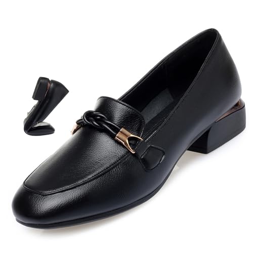 Women's Chic & Comfy Solid Color Slip-On Leather Loafers, Chunky Low Block Heels Shoes Work Office Dress Shoes Ladies Slip On Walking Shoe (Black,40) von MASHANGGOU