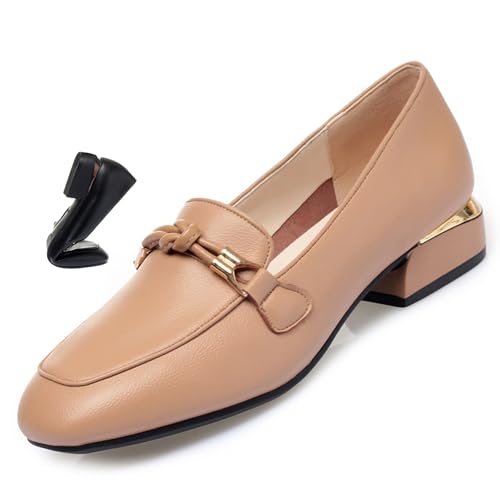 Women's Chic & Comfy Solid Color Slip-On Leather Loafers, Chunky Low Block Heels Shoes Work Office Dress Shoes Ladies Slip On Walking Shoe (Caramel,39) von MASHANGGOU