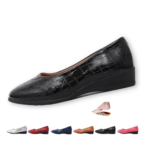 Women's Comfortable Arch Support Wedge Slip-On Shoes, Lightweight Non-Slip Shoes Low Heel Wedge Casual Work Ballerina Court Loafers (35,Black Texture) von MASHANGGOU
