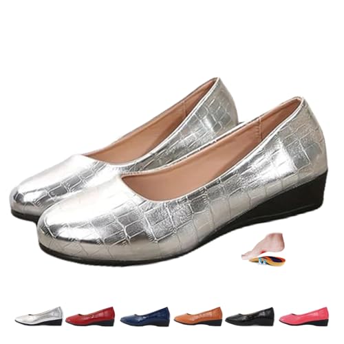 Women's Comfortable Arch Support Wedge Slip-On Shoes, Lightweight Non-Slip Shoes Low Heel Wedge Casual Work Ballerina Court Loafers (35,Sliver Texture) von MASHANGGOU