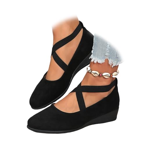 Women's Comfortable Arch Support Wedge Slip-On Shoes, Lightweight Non-Slip Shoes Low Heel Wedge Casual Work Ballerina Court Loafers (Black-Elastic,40) von MASHANGGOU