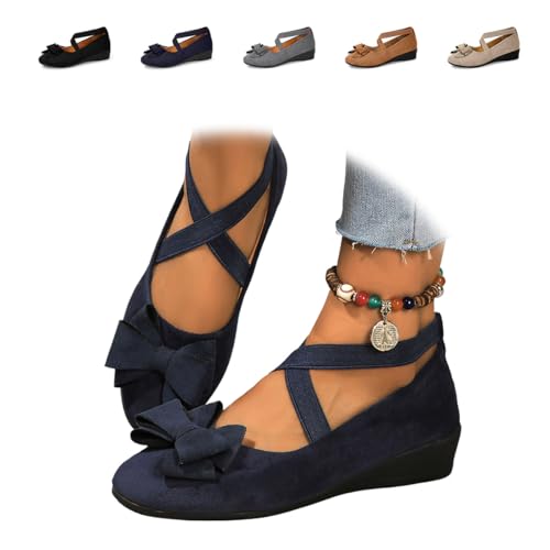 Women's Comfortable Arch Support Wedge Slip-On Shoes, Lightweight Non-Slip Shoes Low Heel Wedge Casual Work Ballerina Court Loafers (Blue-Bowknot,37) von MASHANGGOU