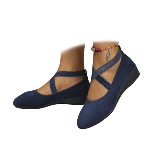 Women's Comfortable Arch Support Wedge Slip-On Shoes, Lightweight Non-Slip Shoes Low Heel Wedge Casual Work Ballerina Court Loafers (Blue-Elastic,41) von MASHANGGOU