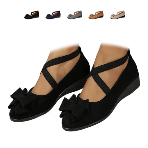Women's Comfortable Arch Support Wedge Slip-On Shoes, Women's Elastic Crisscross Strap Ballet Shoes with Bowknot Casual Work Ballerina Shoes (Black,38EU) von MASHANGGOU