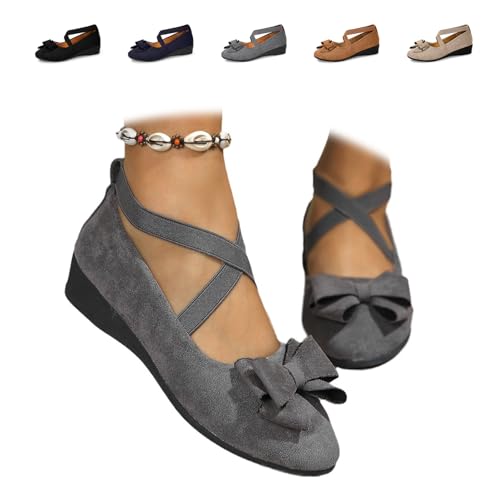 Women's Comfortable Arch Support Wedge Slip-On Shoes, Women's Elastic Crisscross Strap Ballet Shoes with Bowknot Casual Work Ballerina Shoes (Grey,41EU) von MASHANGGOU