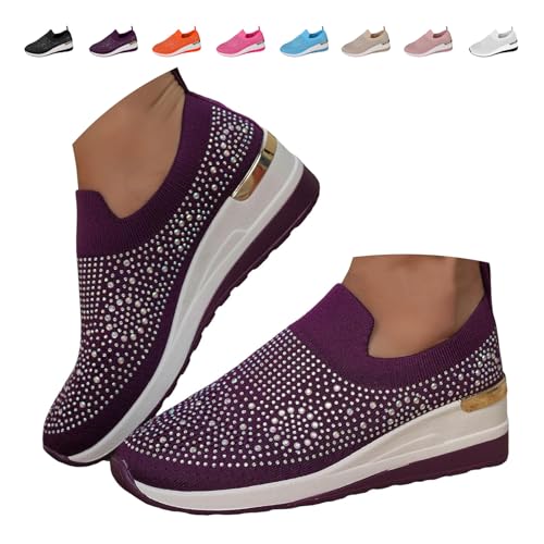 Women's Fashion Glittery Rhinestone Sneakers, Wedge Platform Wedge Shoes Sparkly Rhinestone Slip-on Sneakers Breathable Spakle Shoes (Purple,41EU) von MASHANGGOU
