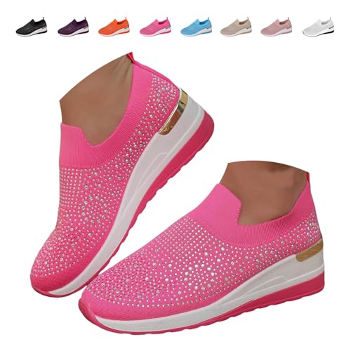 Women's Fashion Glittery Rhinestone Sneakers, Wedge Platform Wedge Shoes Sparkly Rhinestone Slip-on Sneakers Breathable Spakle Shoes (Rosse Red,43EU) von MASHANGGOU