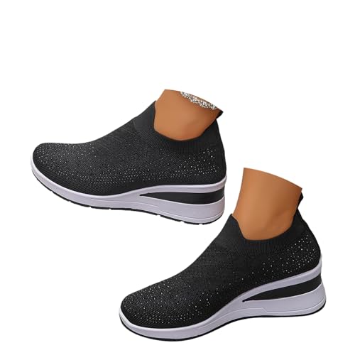 Women's Glittery Rhinestone Fashion Breathable Wedge Sneakers, Sparkly Platform Trainers Lightweight Comfy Slip On Walking Shoes (Black,38EU) von MASHANGGOU
