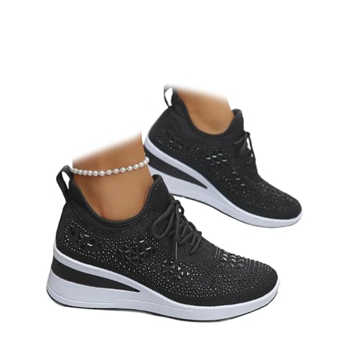 Women's Glittery Rhinestone Fashion Breathable Wedge Sneakers, Sparkly Platform Trainers Lightweight Comfy Slip On Walking Shoes (Black,40EU) von MASHANGGOU