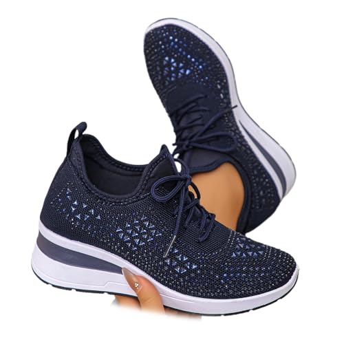 Women's Glittery Rhinestone Fashion Breathable Wedge Sneakers, Sparkly Platform Trainers Lightweight Comfy Slip On Walking Shoes (Dark Blue,36EU) von MASHANGGOU