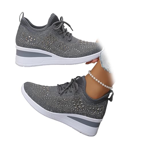 Women's Glittery Rhinestone Fashion Breathable Wedge Sneakers, Sparkly Platform Trainers Lightweight Comfy Slip On Walking Shoes (Grey,39EU) von MASHANGGOU