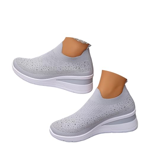 Women's Glittery Rhinestone Fashion Breathable Wedge Sneakers, Sparkly Platform Trainers Lightweight Comfy Slip On Walking Shoes (Grey,42EU) von MASHANGGOU