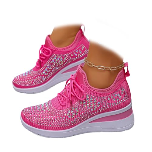 Women's Glittery Rhinestone Fashion Breathable Wedge Sneakers, Sparkly Platform Trainers Lightweight Comfy Slip On Walking Shoes (Rose,41EU) von MASHANGGOU