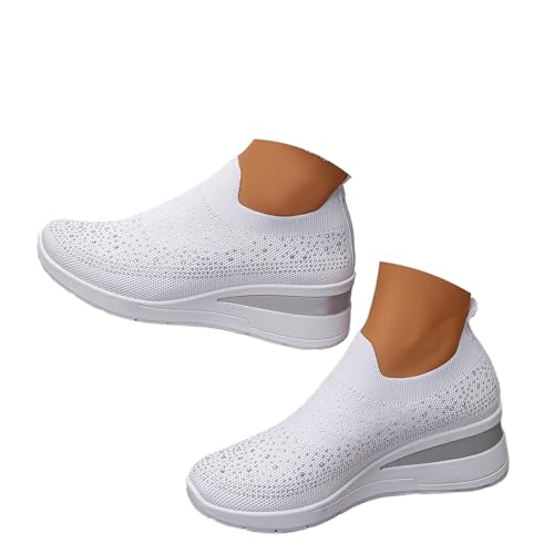 Women's Glittery Rhinestone Fashion Breathable Wedge Sneakers, Sparkly Platform Trainers Lightweight Comfy Slip On Walking Shoes (White,40EU) von MASHANGGOU
