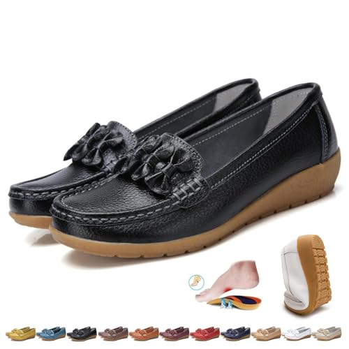 Women's Hollow Soft Leather Breathable Moccasins Sandals, Orthopedic Leather Moccasin Summer Slip-On Driving Loafers for Work Walking (Black,39) von MASHANGGOU