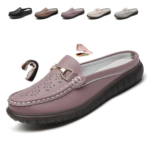 Women's Leather Closed Toe Clogs, Breathable Hollow-Out Leather Slippers PU Leather Clogs Slip-on Mules Backless Loafers Closed Toe Sandals (Bean Paste,35) von MASHANGGOU