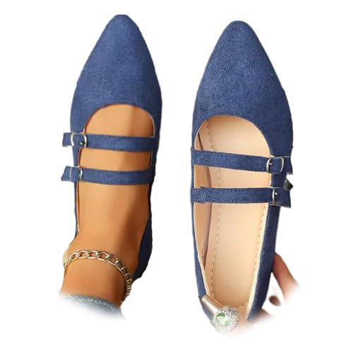 Women's Leopard Mary Jane Flats, Comfortable Suede Slip-On Pointed Toe Ballet Mary Jane with Adjustable Buckle Work Dressy Shoes (40,Blue) von MASHANGGOU
